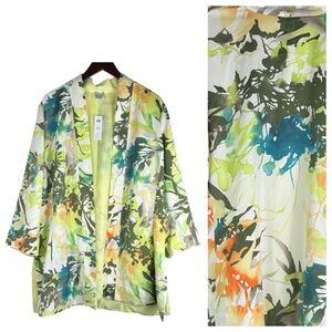NEW Chicos Sz 3 (XL 1X 16 18) Open Jacket Duster Kimono Floral Watercolor Green